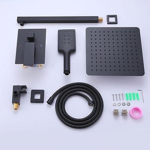 Miniatura 7 de Sistema de ducha negro mate con cabezal de ducha de lluvia de latón de alta presión de 10 pulgadas con mano, sistema de ducha de lluvia, juegos