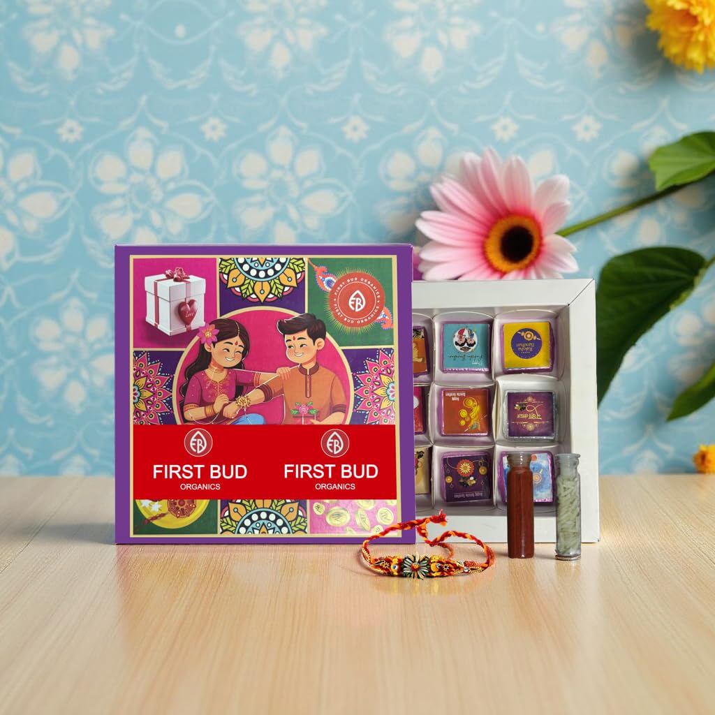 First Bud Organics First Bud Organics Rakhi Chocolate Gift Hamper for Family with Hand Made Chocolates, Rakhi, Roli,Chawal & Card | Gift Hampers for Brothers & Sisters