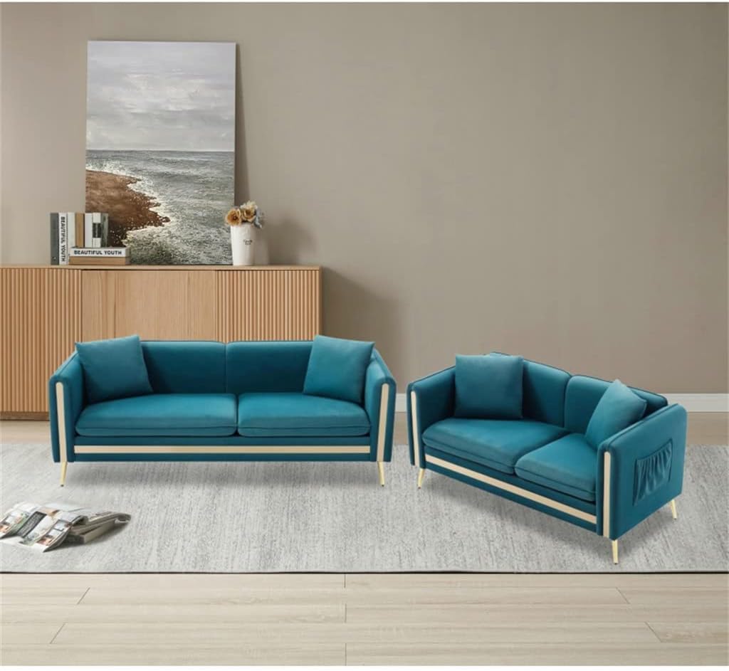 Upholstered Velvet Sofa and Loveseat Tufted Living Room Set Gold Metal Legs with Removable Cushions Side Pock