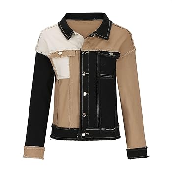 Women's Patchwork Color Block Trucker Denim Jacket Frayed