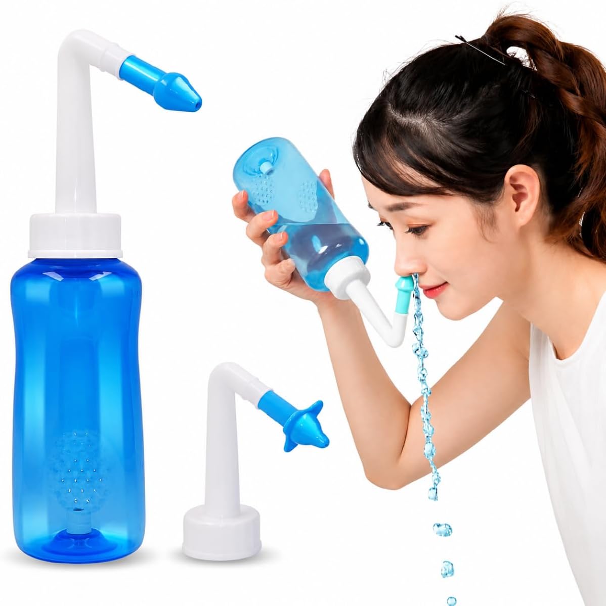 Kit Lavagem Nasal 300ml com Válvula de Controle Adulto e Criança 2 Bicos BPA Free Higienizador Nasal Garrafinha Rinite Sinusite Irrigador Limpador Ducha Nasal Soro Fisiológico