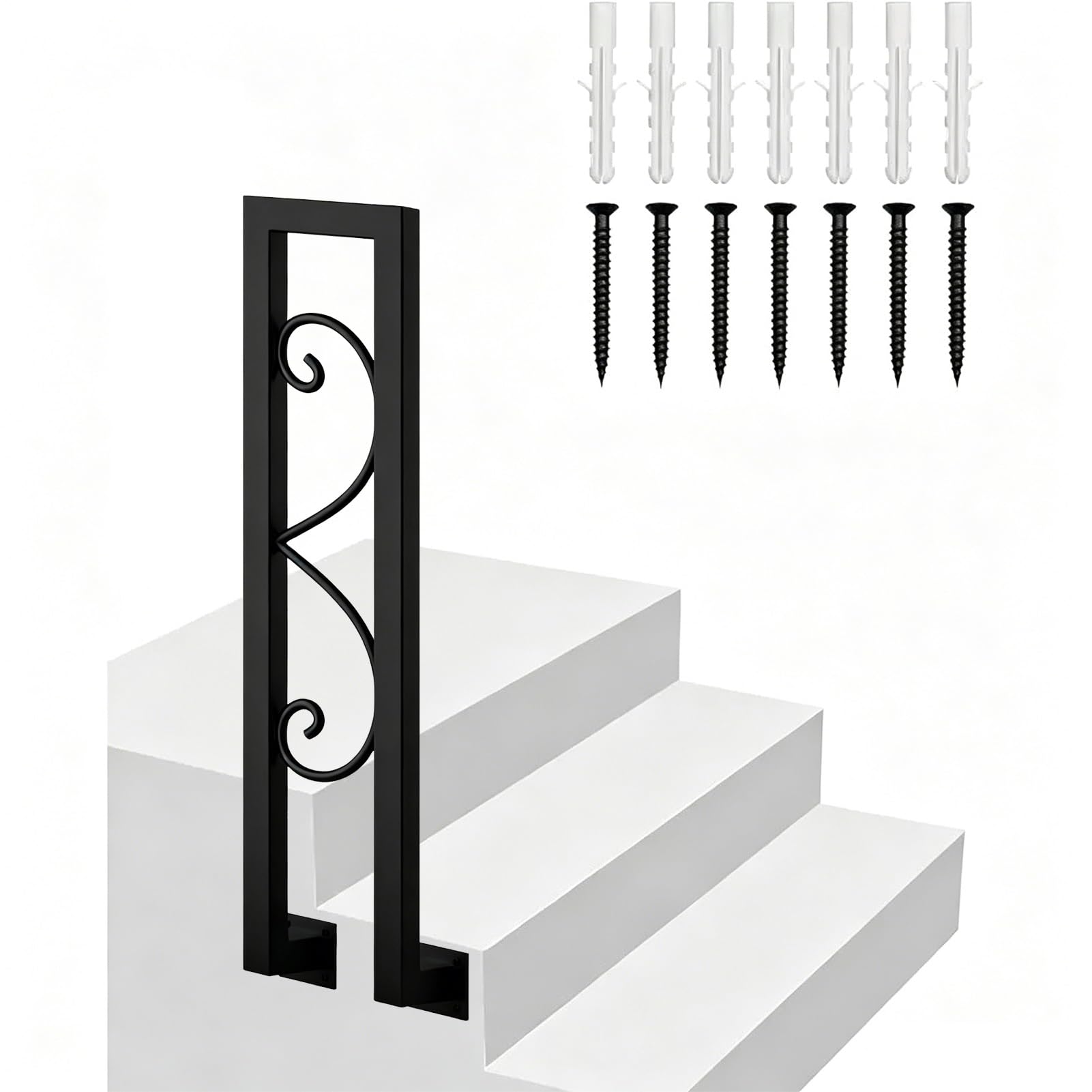Black Wrought Iron Hand Rail - Complete Kit | Staircase Banister Handrails for Outdoor Indoor, Concrete/Wooden Steps Railing Support Grab Bar(50cm/20in)