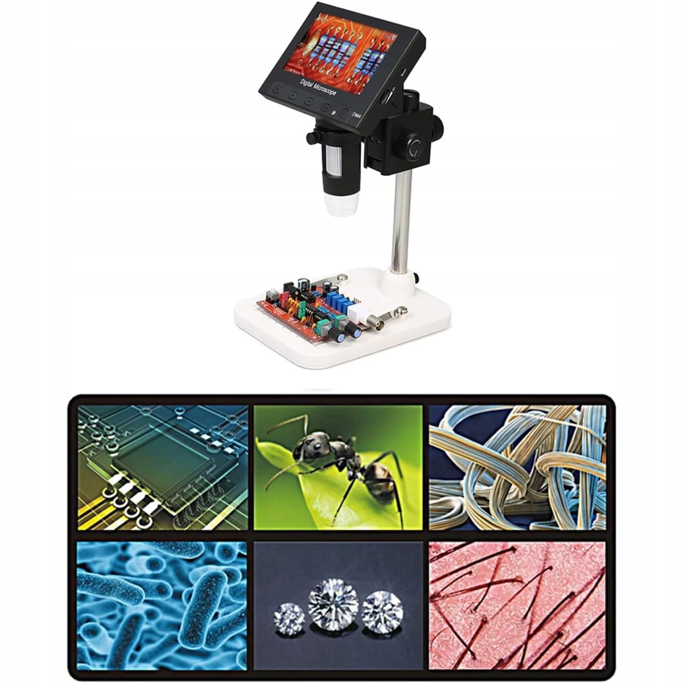 Rosfix Mikroskop cyfrowy DM4-Z01B019 - ekran LCD 4,3", 50X–1000X, 720P, 8 diod LED, USB, MicroSD | kontrola PCB, biżuteria, skóra, monety | profesjonalny przenośny mikroskop