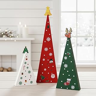 Amyhill 3 Pcs Wooden Christmas Tree Table Centerpiece with Reindeer Bell Rustic Farmhouse Christmas Tabletop Decoration Tiered Tray Sign for Xmas Holiday Fireplace Mantel Shelf Home Decor