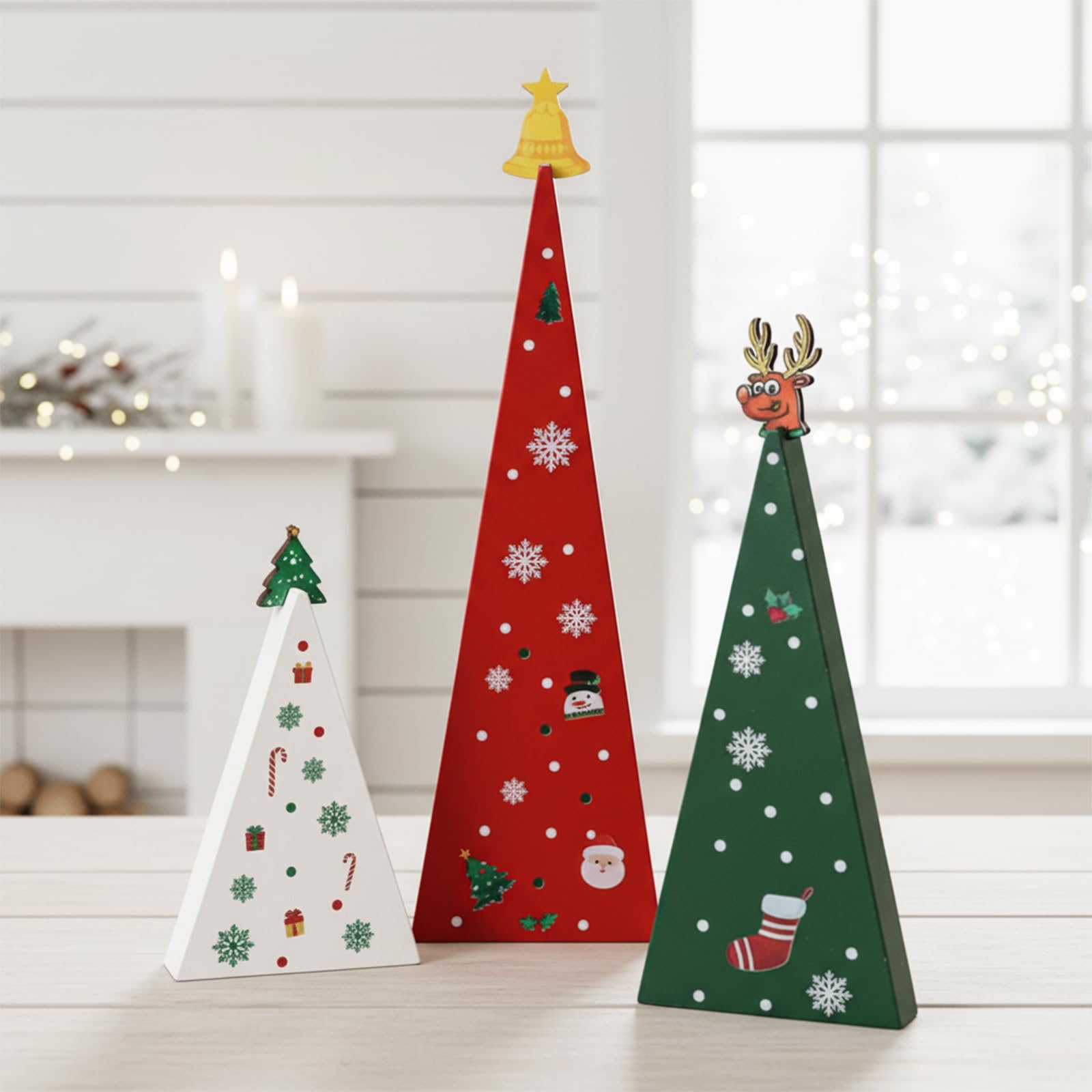 Décoration de sapin de Noël en bois lot de 3 avec clochette renne rustique