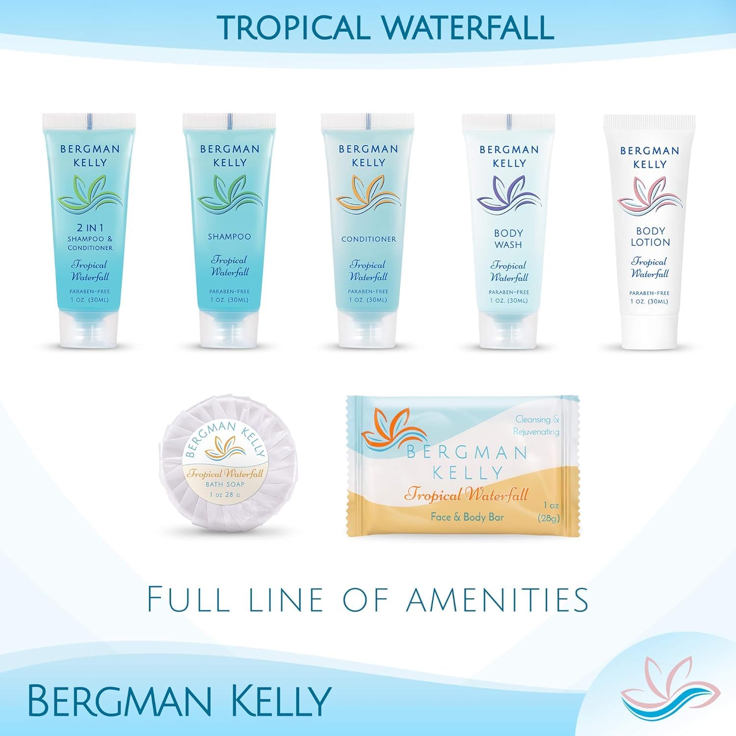Bergman Kelly - Hotel Toiletries Bundle - Tropical Waterfall, 1 oz each, 18800 pcs - 4-Piece Set: Rectangular Bar Soap, Shampoo, Conditioner & Body Lotion (4700 each) - Bulk Mini Guest Amenities
