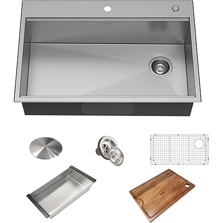 KRAUS KWT310-33/18 Kore Workstation 33-inch Drop-In 18 Gauge Single Bowl Stainless Steel Kitchen Sink with Integrated Ledge and Accessories