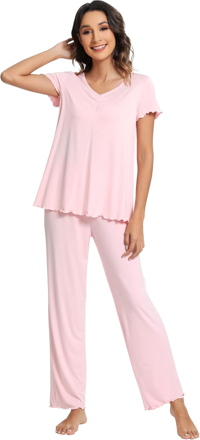 WiWi Viscose from Bamboo Pajama Sets for Women Super Soft Pjs Short Sleeve with Pants Cooling Sleepwear Loungewear S-XXL