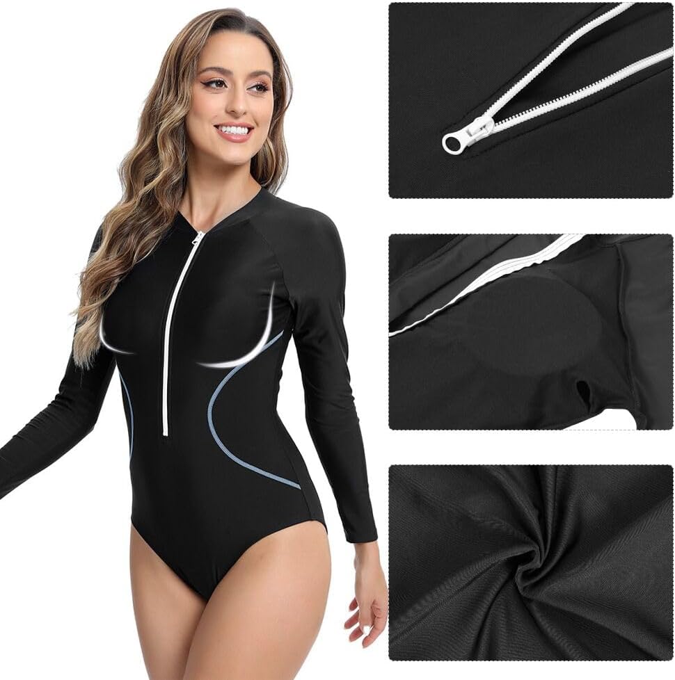 Women's Long Sleeve Rash Guard Swimsuits Zipper One Piece Athletic Surfing Bathing Suits Tummy Control Swimwear UPF50+ - Image 6
