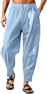 Men's Cotton Trousers Summer Casual Trousers Long Harem Trousers Yoga Trousers Casual Holiday Trousers with Pockets Thin Men's Linen Trousers with Drawstring Loose Fit Elastic Waist Casual Beach