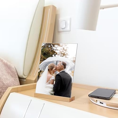 Miniatura 6 de Soporte acrílico de 5 x 7 pulgadas con base de madera, paquete de 3 unidades en forma de LT vertical o inclinada para boda, restaurante, tienda,