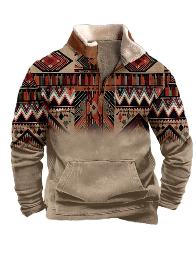 Western Fleece Jacket Men Aztec Cowboy Pullover Vintage Cow Skull Print Sweatshirts 1/4 Zipper Western Sweater Jacket