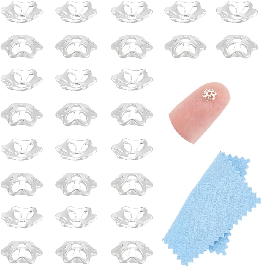 UNICRAFTALE 30Pcs 925 Sterling Silver Flower Bead Caps 5mm Silver Floral Flowery Round Bead 6-Petal Flower Cap Bead Spacer Beads End Cap Metal Connector Bead for Jewelry Making