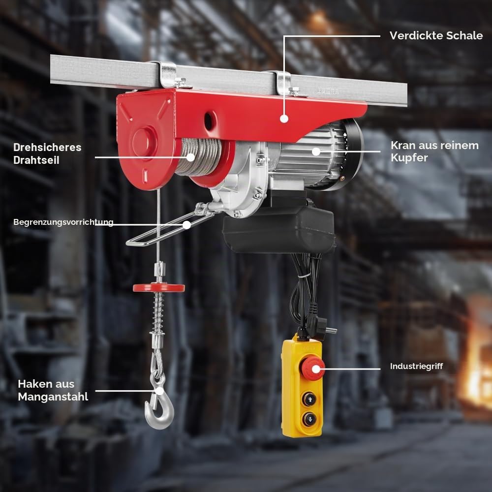 TEENO Elektrischer Seilzug 1000 kg 1800 W 10 m/min 220V Hubhöhe 20 m Motor