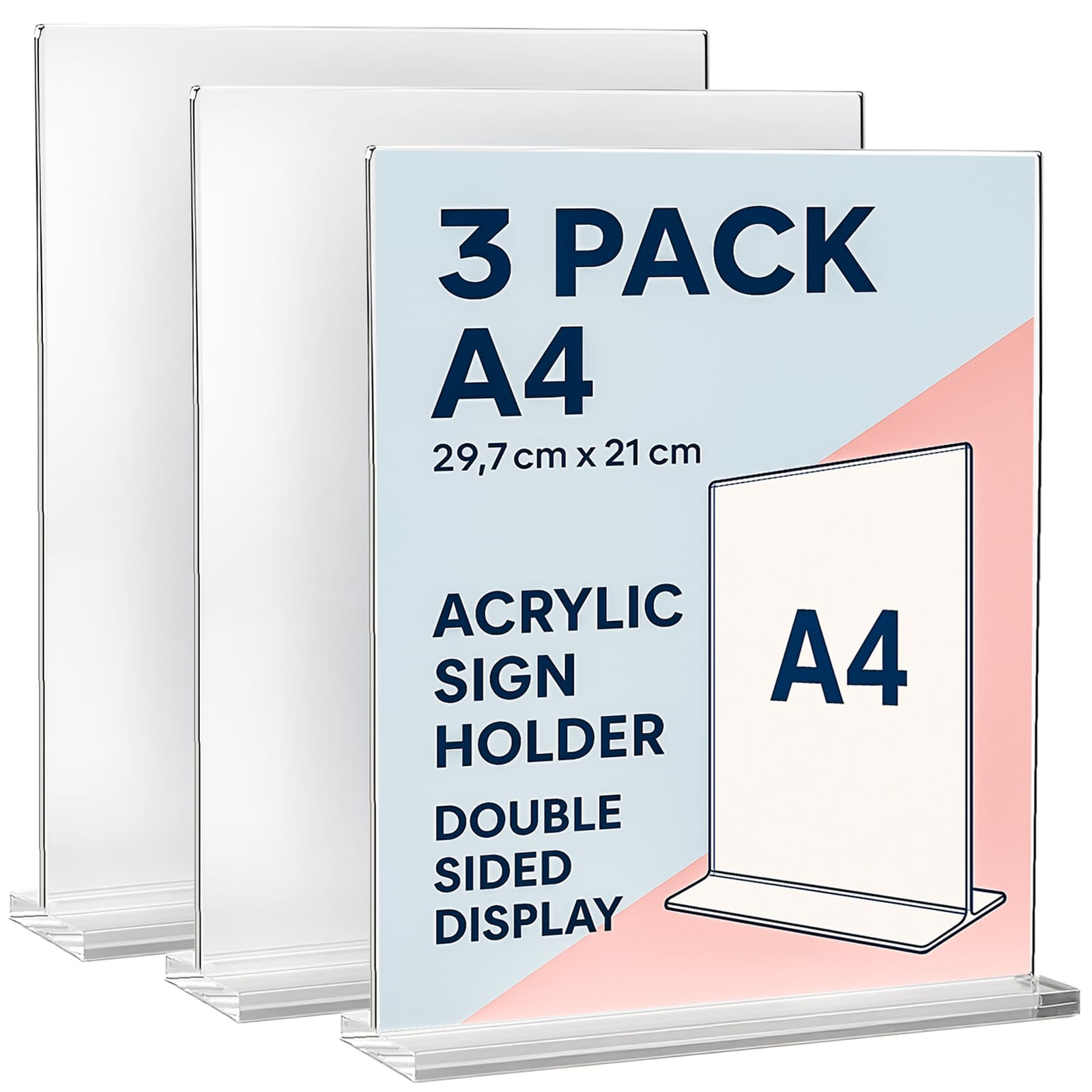 GROWNEER A4 Acrylic Sign Holder, 3 Pack Clear T-Shape Double-Sided Perspex Display Stand, Vertical Menu Poster Holder for Office Store Restaurant School
