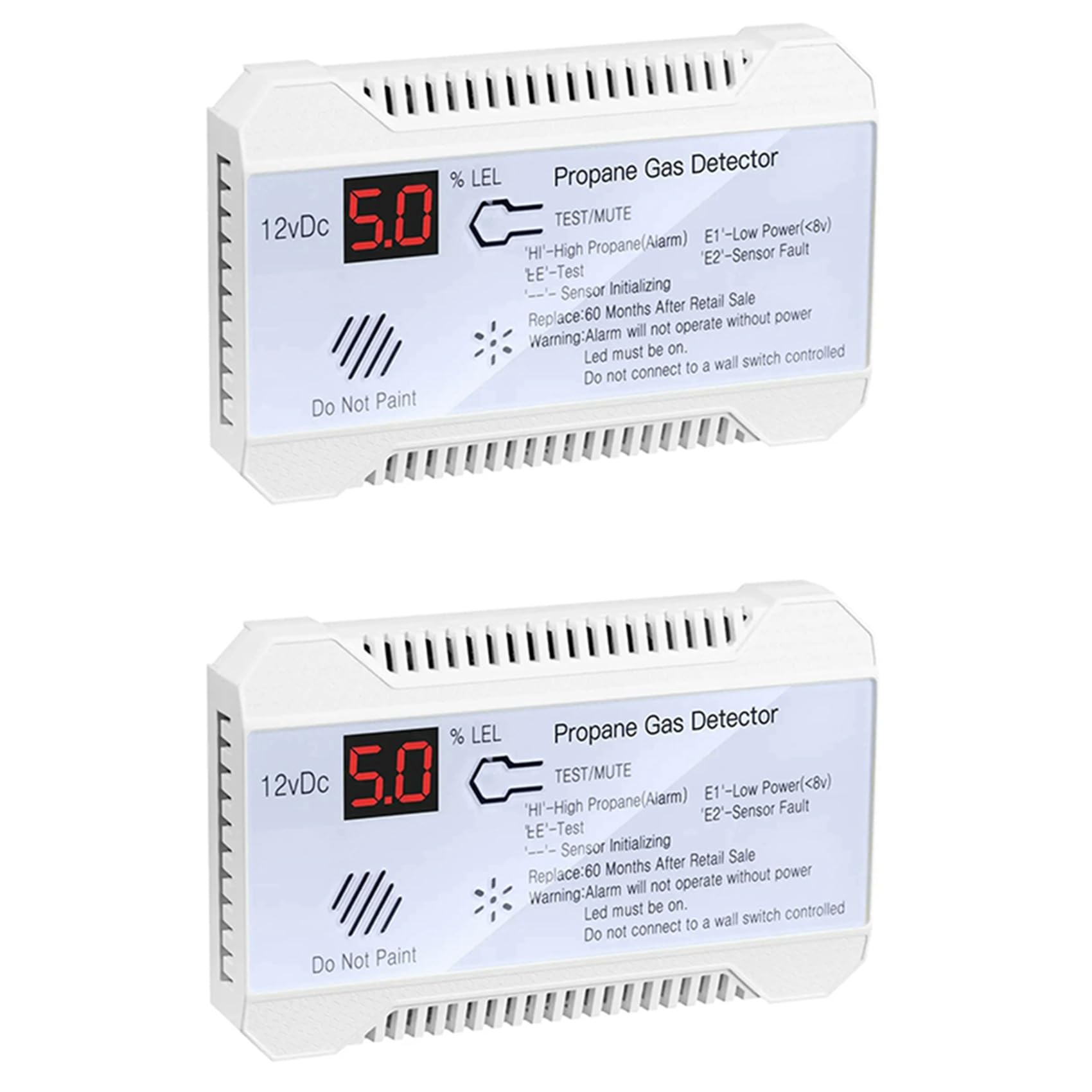 2 x wykrywacz propanu, 12 V, czujnik gazu ziemnego, alarm wycieku, 85 dB, syrena do samochodu, kampera, , cyfrowy tester propanu, miernik (biały)