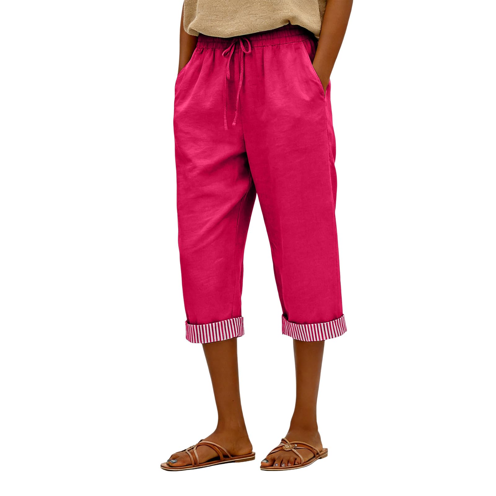 Generisch Pantaloni da donna in lino, traspiranti, estivi, leggeri, con gamba larga, traspiranti, da spiaggia, eleganti, tinta unita, per il tempo libero, comodi, con tasche