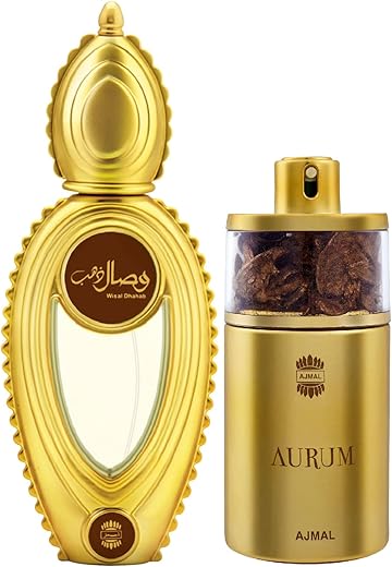 Ajmal Wisal Dhahab EDP Fruity Floral Perfume 50ml for Men and Aurum EDP Fruity Floral Perfume 75ml for Women FREE