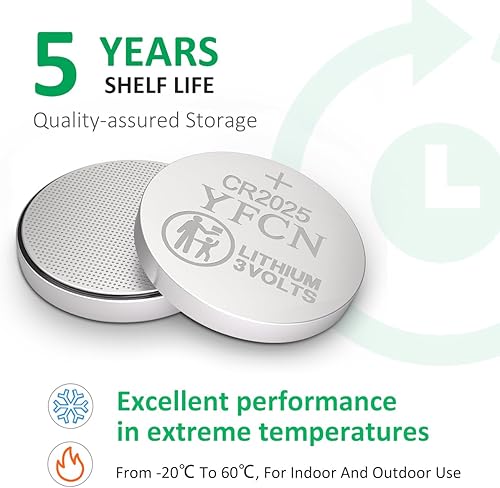 Miniatura 4 de YFCN Batería CR2025 de litio de 3 V, paquete de 5 unidades, pilas de botón de moneda CR 2025, 5 años de vida útil