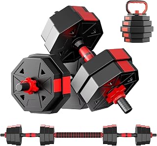 Juego de Mancuernas Ajustables, 10-40kg con Barra Recta y Kettlebell - Discos Recubiertos Antideslizantes para Entrenamiento en Casa​​
