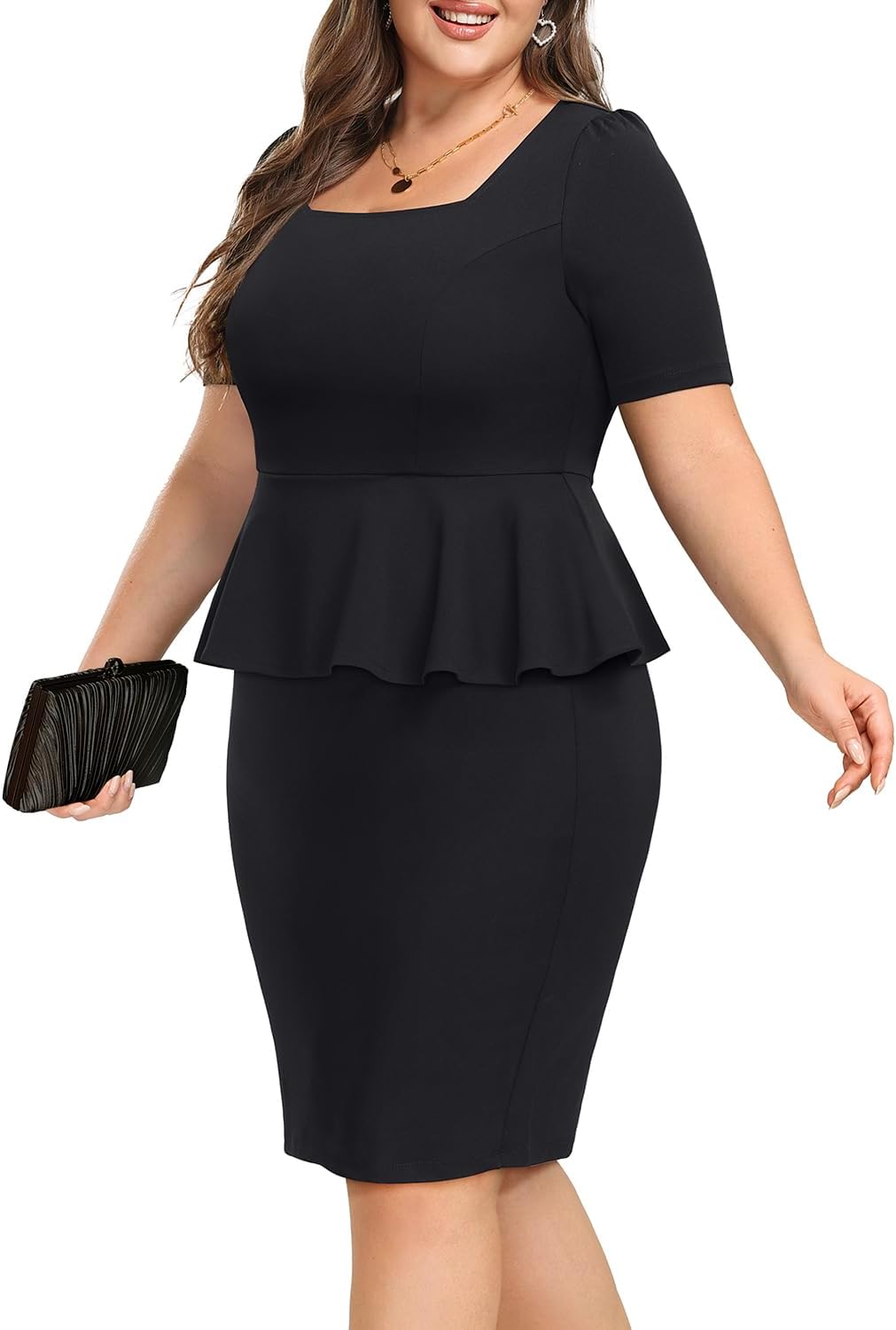 Pinup Fashion Office Dresses for Woman for Work Plus Size - Business Church Square Neck Peplum Knee Length Dress - Image 4