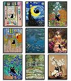 9 Pieces of Matisse's interesting Black Cat Posters Wall Art Print Monet Eclectic Aesthetics Retro Wall Decoration Cat Lover Canvas Flower Printing Colorful Farmhouse Gallery Bedroom Bathroom Aesthetic Room Decoration Frameless 8x10 inches.