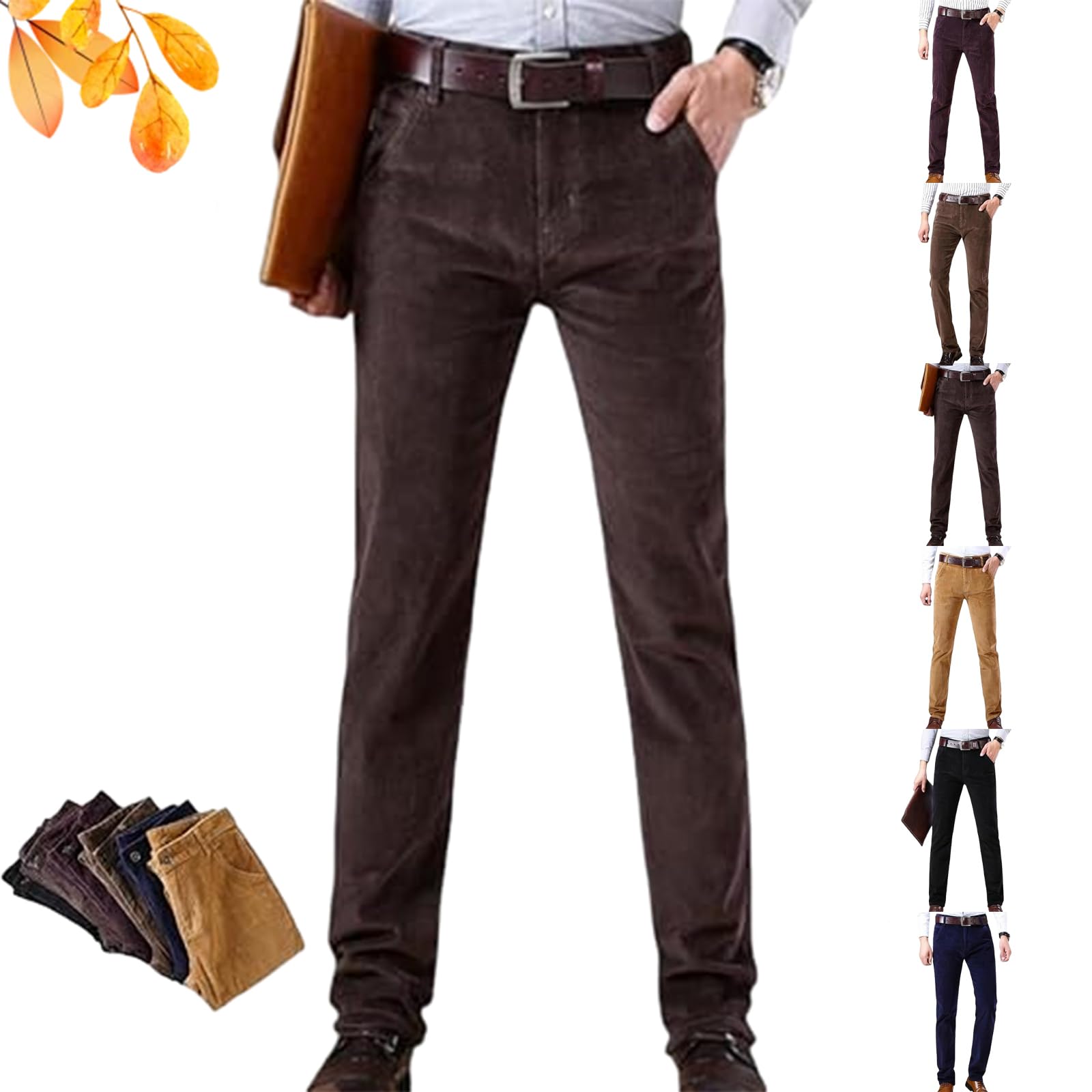 Pantalones de pana de pierna recta para hombre, pantalones de vestir ajustados de corte clásico, pantalones chinos elásticos cómodos casuales con bolsillos