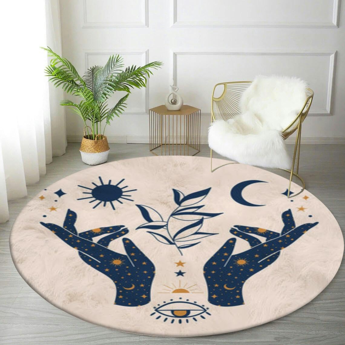 Round Rug 4ft Circle Area Rug Mystical mudra Hands Celestial Symbols Sun Moon and Stars Esoteric Carpet Washable Small Round Rugs for Bedroom