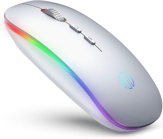 INPHIC LED Wireless Mouse, Rechargeable Silent 2.4G Wireless Computer Mouse with USB Receiver, Untra Thin RGB Backlit Cordless Mice for Laptop, PC,Mac, Silver