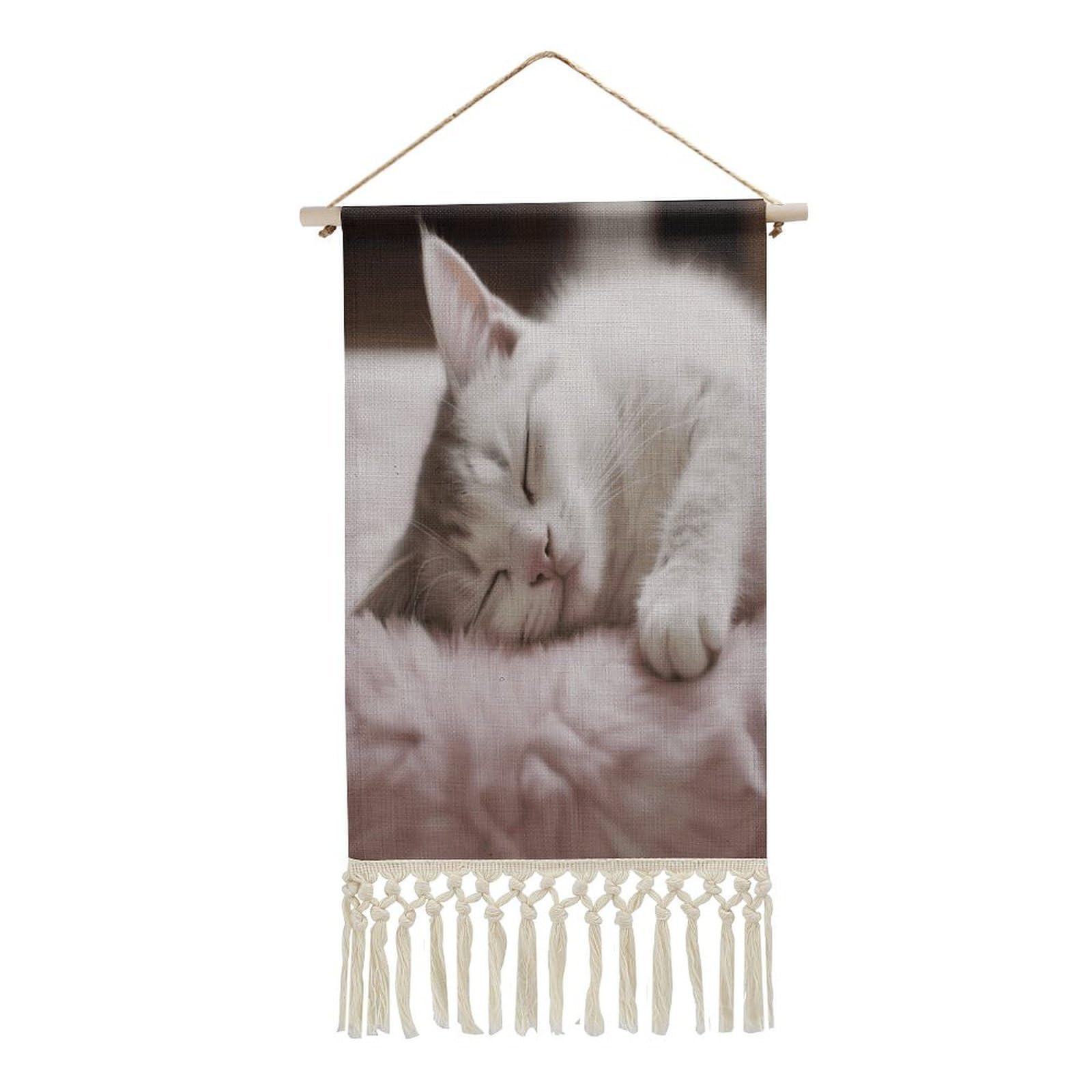 Adfgyerh Style Sleeping Cat Tapestry With Tassels Cotton And Linen Hanging Posters, Wall Art For Travel Gift, Wall Tapestry For Office Home Decor Bedroom Living Room Decor