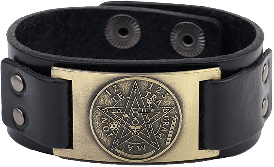 Dawapara Ancient Pentagram Cuff Bracelet - Tetragrammaton Kabbalah Talisman Men's Metal Bracelet
