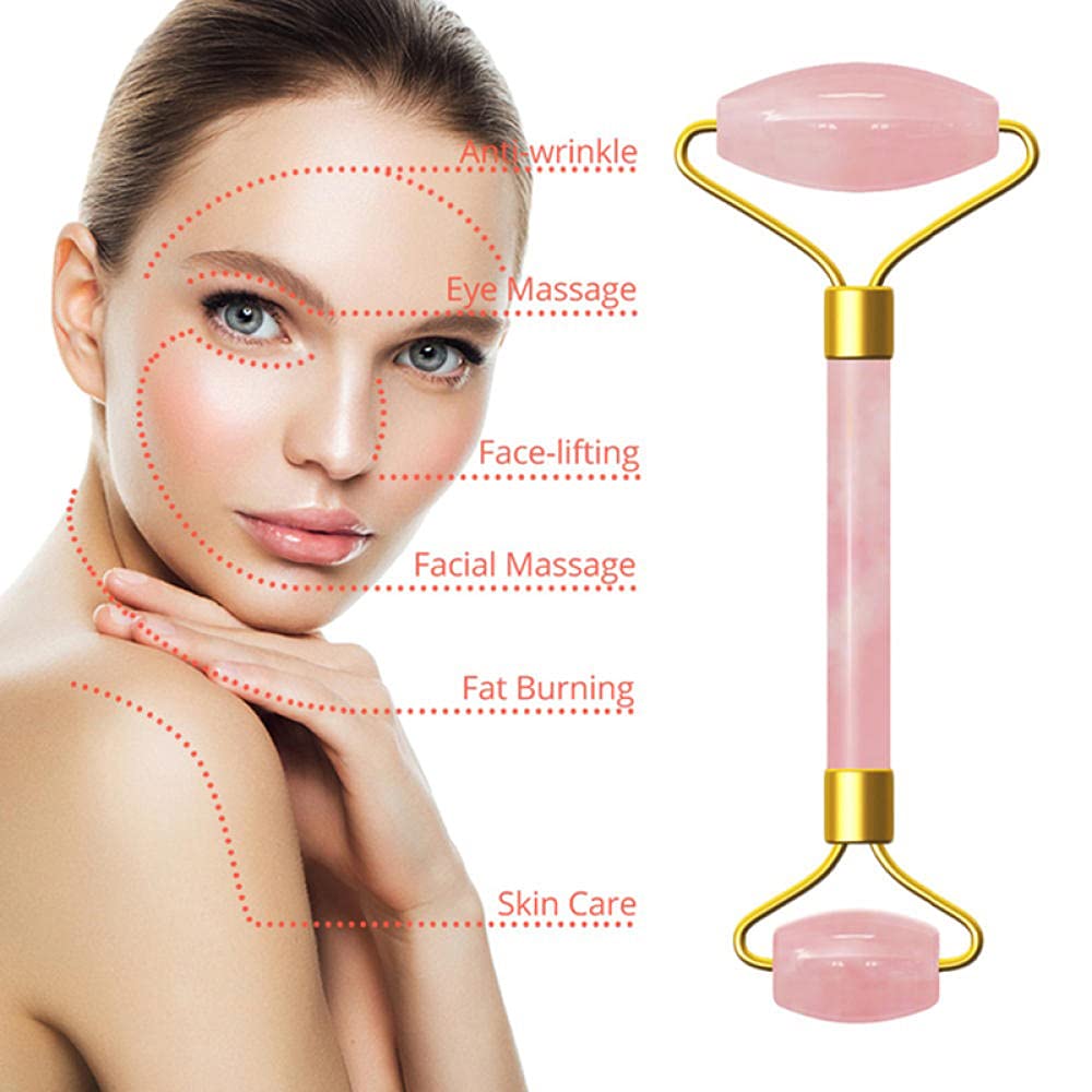Rodillo de jade de jade de cuarzo rosa Jade natural Rodillo de adelgazamiento anti-cellulita arrugas Gua Sha Sha Shade Masajeador facial Herramienta de elevación facial-todo el juego