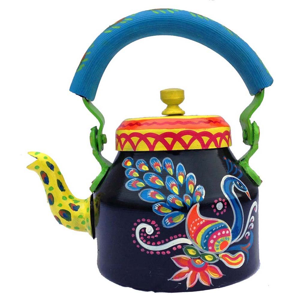 iHandikart Hand Painted Designer Aluminium Kettle for Tea/Coffee, Home Décor& Gift Purpose. Capacity 1 L, Size 8.5"x5.5"x8.5"(IHK5033)