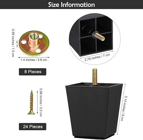 Miniatura 16 de TURSTIN Patas de plástico para muebles, patas cuadradas cónicas para sofá, patas de sofá con tuercas en T M8, tornillos para patas, sofás, sillas