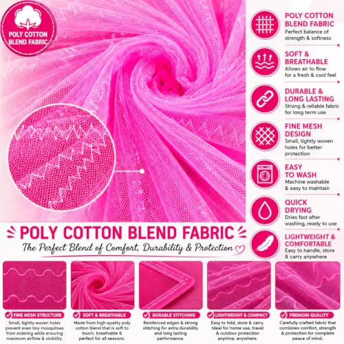 Image of Mosquito Net for King Size Bed & Double Bed (6x7 ft, Wall /Hook Hanging) Poly-Cotton Blend Fabric, Wave Line Pattern, Pre-Fitted Bottom & Cotton Ribbon (Pink)