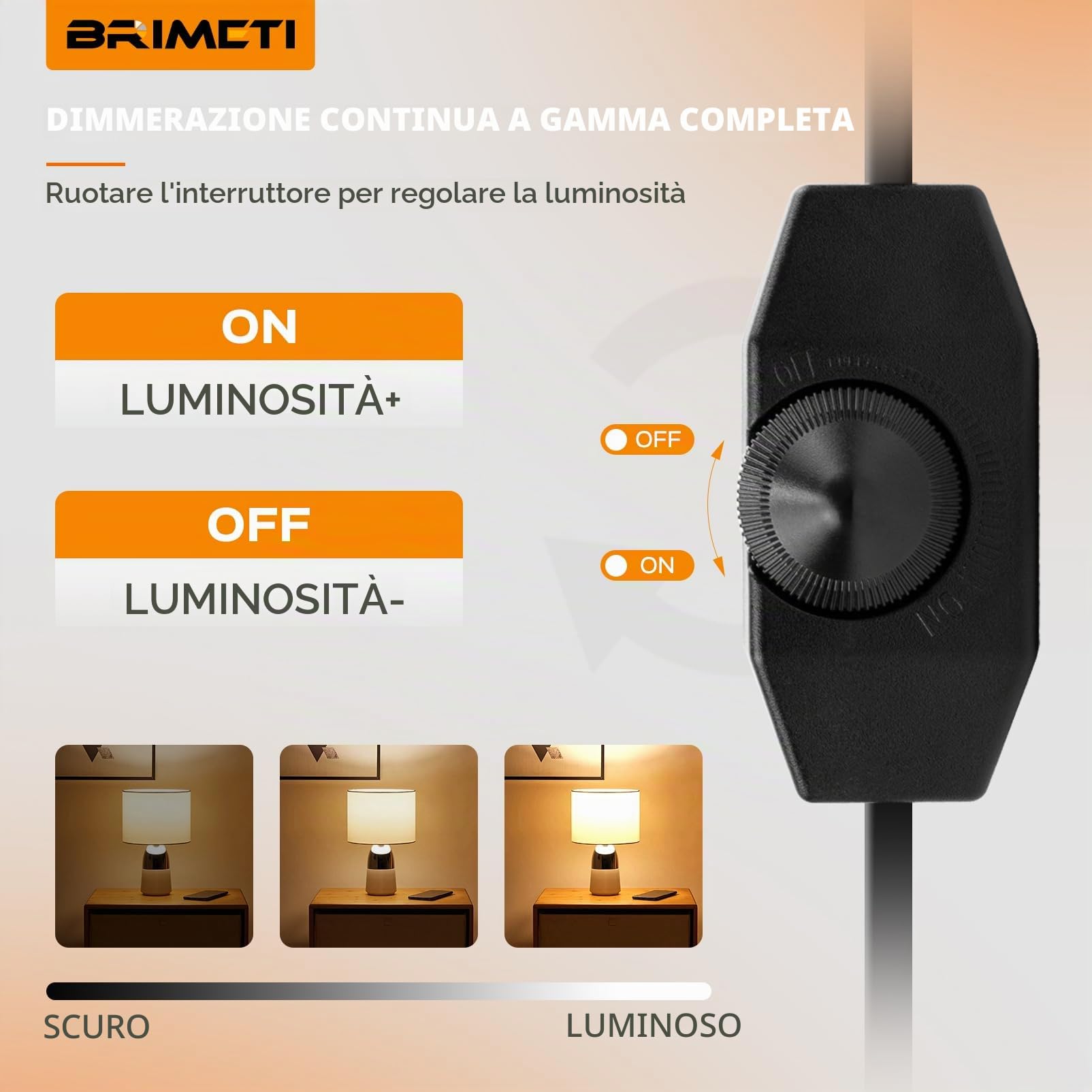 Regolatore Dimmer 2M LED Interruttore Dimmerabile All'infinito 220-240V, 100W Max Interruttori Dimmer per Lampade a LED Rotativo Con Cavo e Spina, per Lampadina Dimmerabile (Nero)