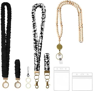 Lenporl 3 Pack Stretchy Scrunchie lanyards with Id Holder, Cute Retractable Teacher Lanyards for Id Badges Keys, Long Beaded Lanyards for Women, Checkered, Black