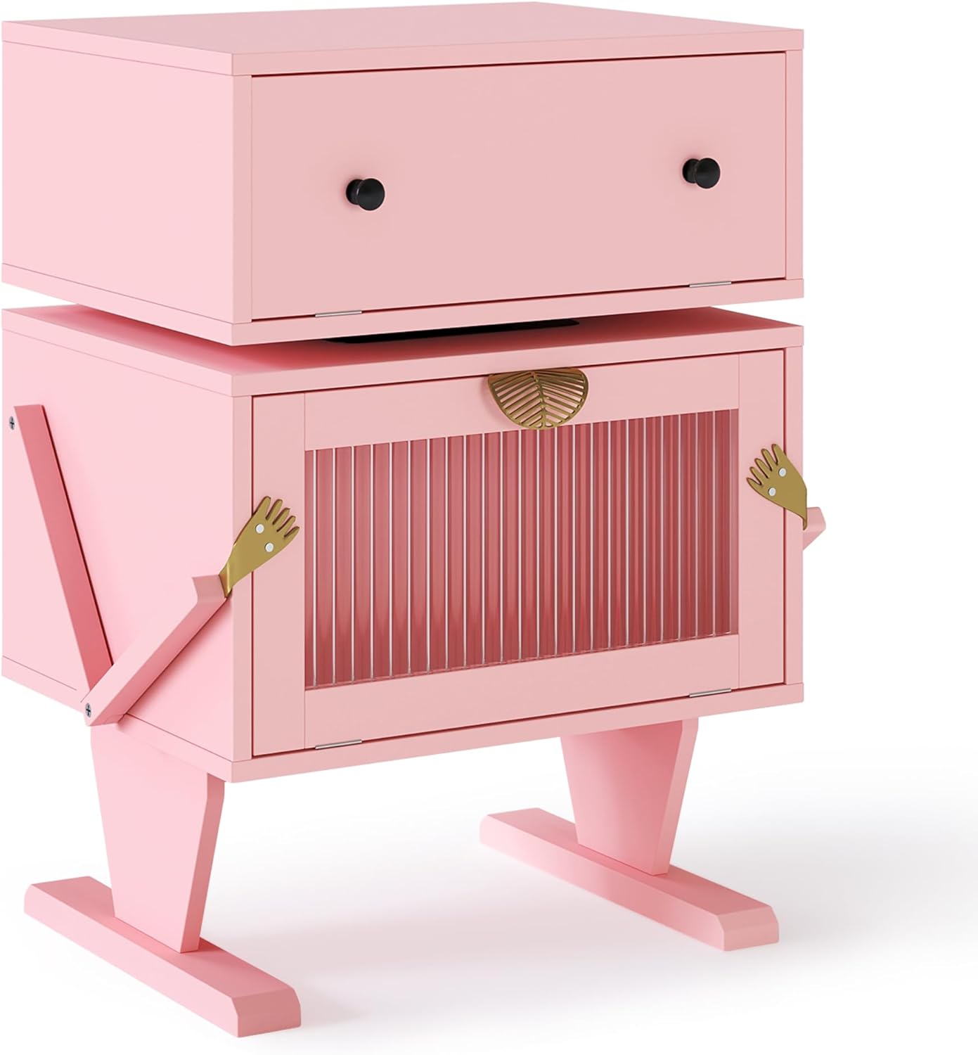 Pink Nightstand with LED Light Strips, Modern End Table with 360° Rotating Drawer, Bedside Table with Glass Door Storage, Wood Night Stand Cabinet for Living Room, Bedroom, Nursery