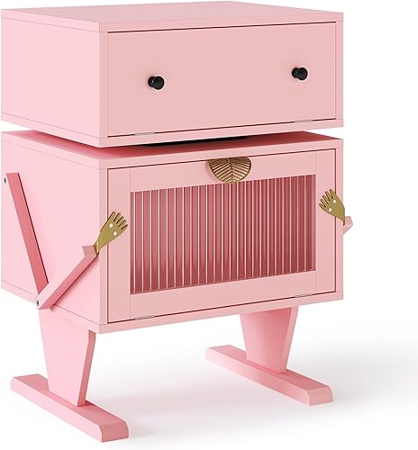 Miniatura 3 de Mesa auxiliar con tiras de luz LED (juego de 2), moderna mesita de noche con cajón giratorio de 360, mesa auxiliar creativa con almacenamiento,