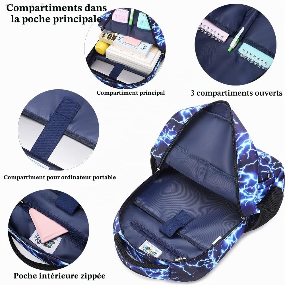 Kimwadalh Éclair Sac à Dos Primaire Garçons Sacs d'école Adolescents Cartable Enfent pour l'école Cartables Primaires et Secondaire Sacs à Dos Scolaires