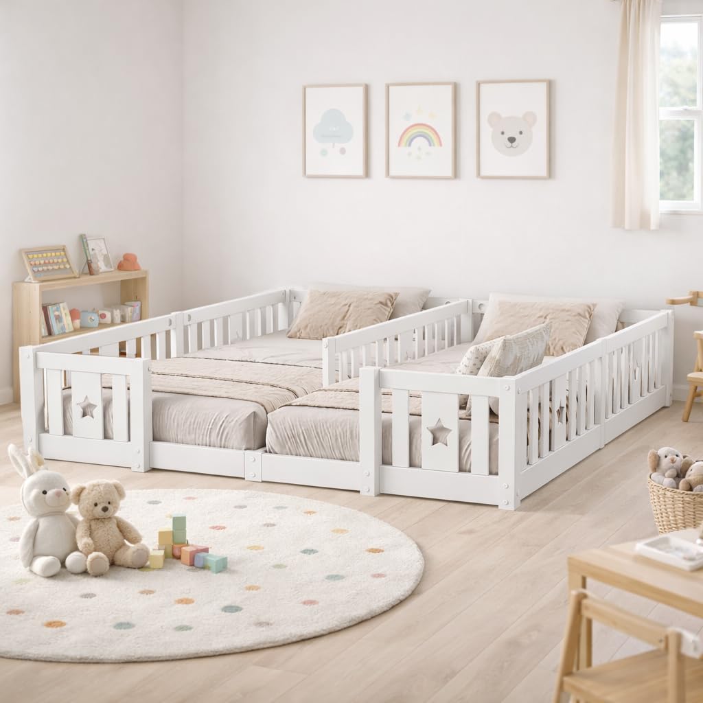 Letto Montessori Doppio 2x90x200 in Legno Massello, Letto Bambini con Sponde di Sicurezza, Letto a Terra per Cameretta, Letto Bambini Montessori, senza Rete a Doghe, Bianco