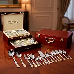 Faqueiro Inox Luxo Dourado 84 Peças Design Alemão Banhado a Ouro 24K Com Maleta de Madeira