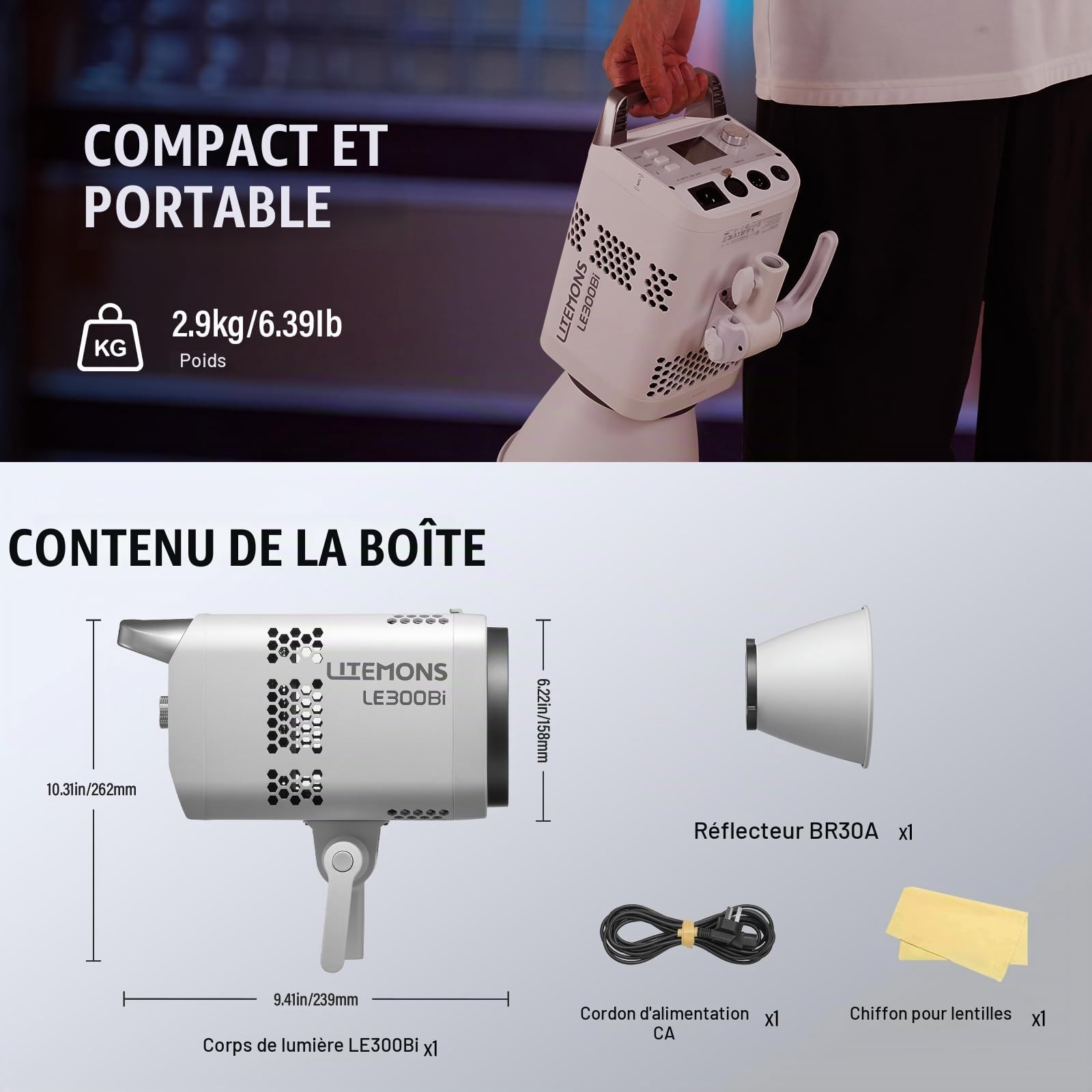 Godox Litemons LE300Bi LE300 Bi Éclairage Continu LED Video Light 320W 2800K~6500K 58900 Lux/1m TLCI/CRI≈98 Contrôle Bluetooth 11 Effets FX Monture Bowens Éclairage Vidéo pour Vlogging,Youtube(Blanc