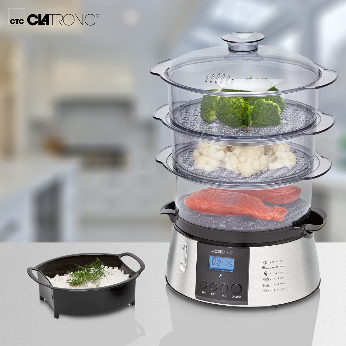 Cuiseur vapeur - Cuiseur riz - Rice cooker - Cuiseur vapeur electrique - Cuiseur Vapeur 3 Compartiments DG3547 Clatronic