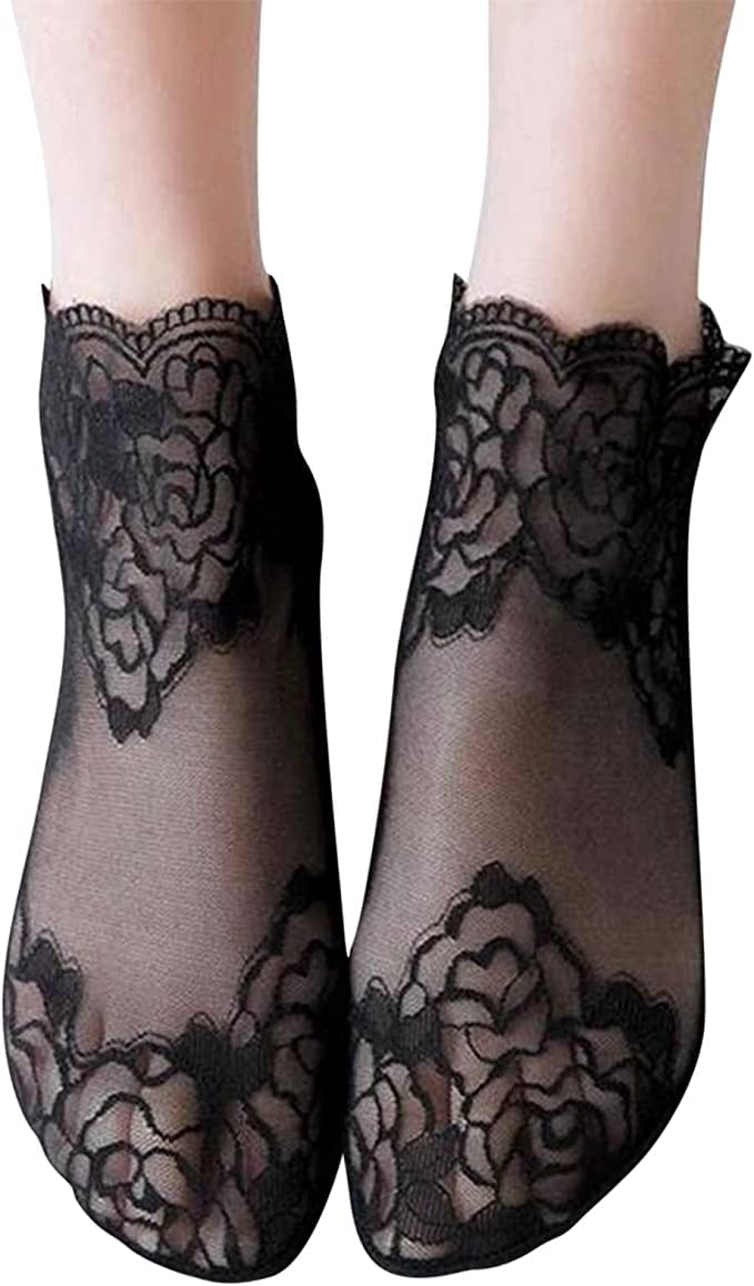 Women's Rose Pattern Lace Mesh Socks with Hollow Ruffle and Non Slip Toe - High Lace Cotton Net Socks (Pack of 1, Free Size)-image-48