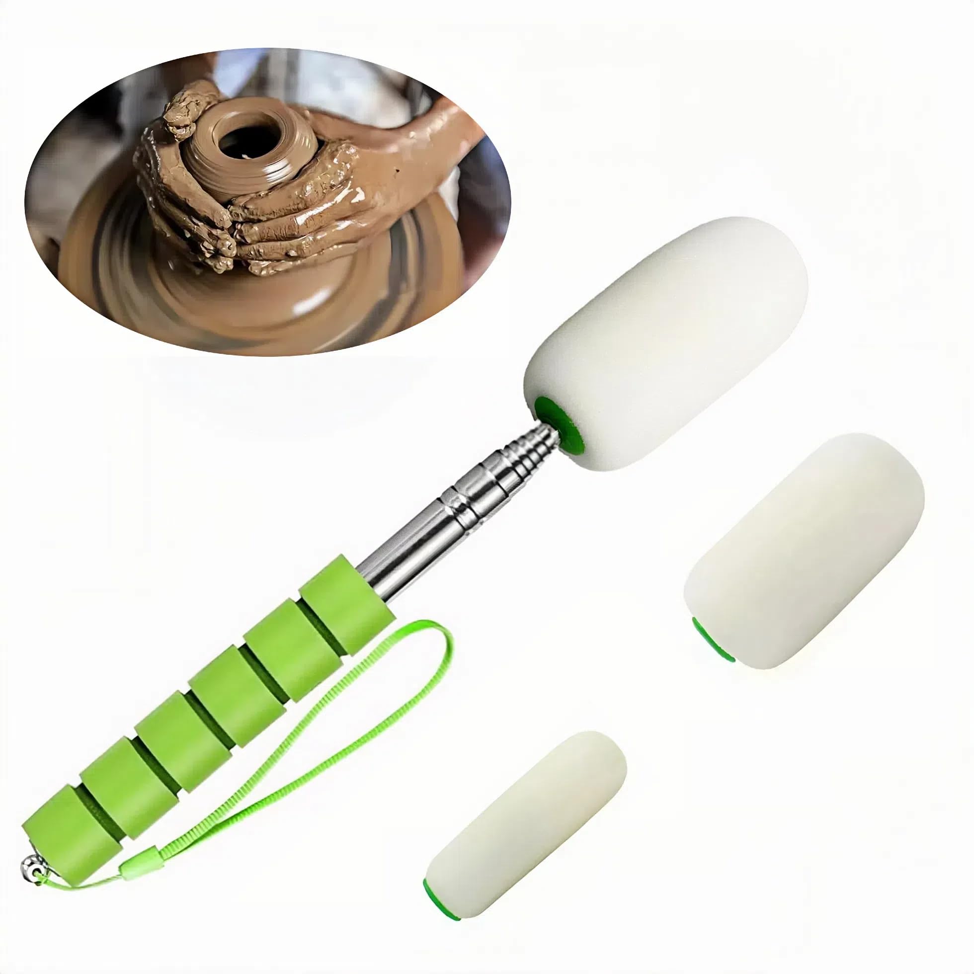 42" Sponge on a Stick for Pottery, 3 Detachable Sponge Heads, Telescoping Ceramic Tool for Removing Water & Shaping Tall/Narrow Vessels, Green Artist