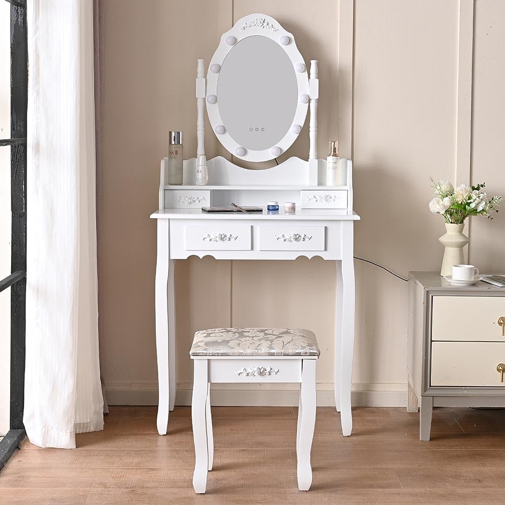 Shally Dogan Toeletta Trucco con Sgabello Modello Elena con 10 Lampade Led, Specchiera con Tavolo e Cassetti in Legno Bianco, Seduta Comoda Imbottita, Specchio Postazione Make Up, Luce Fredda e Calda