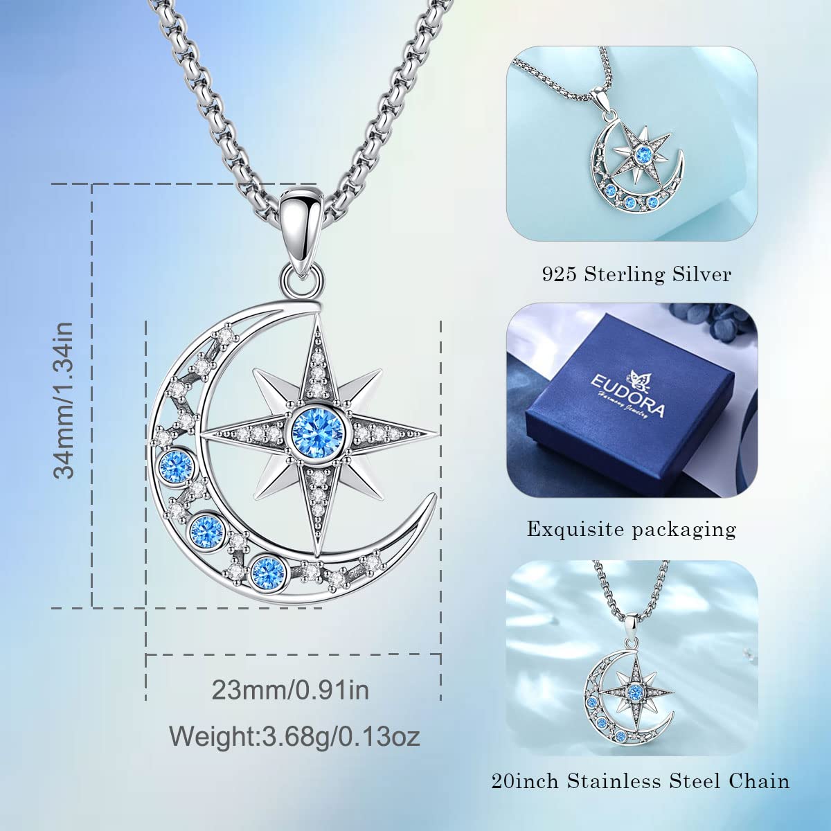 Collar Luna Sol Estrellas para Mujer Plata de Ley 925, Colgante Energía Collares Estrella Collar the Witcher, Sol Luna Joyería Original Regalo para Mujer Madre Hija Hermanas, 45CM