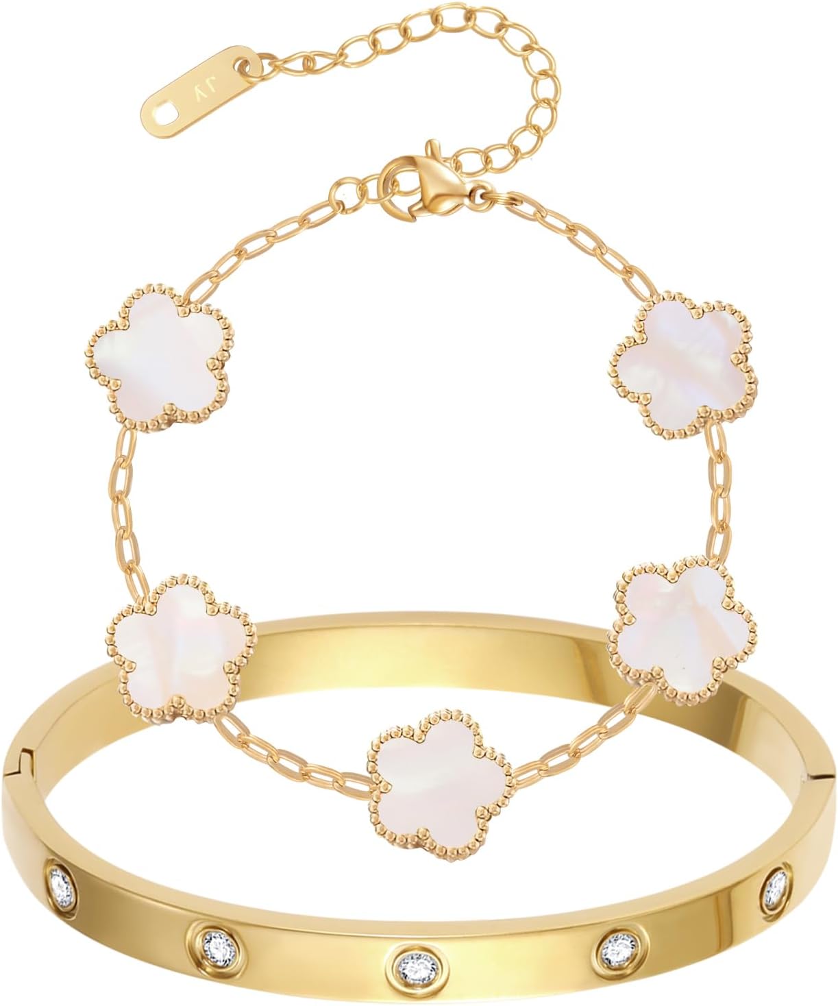 2Pcs Clover Bracelet Set for Women 18K Gold Plated Four Leaf Clover Bracelet Love Bangle Bracelet Stack Lucky Bracelets Gold Link Bracelets Trendy Jewelry Gift for Women Birthday Christmas