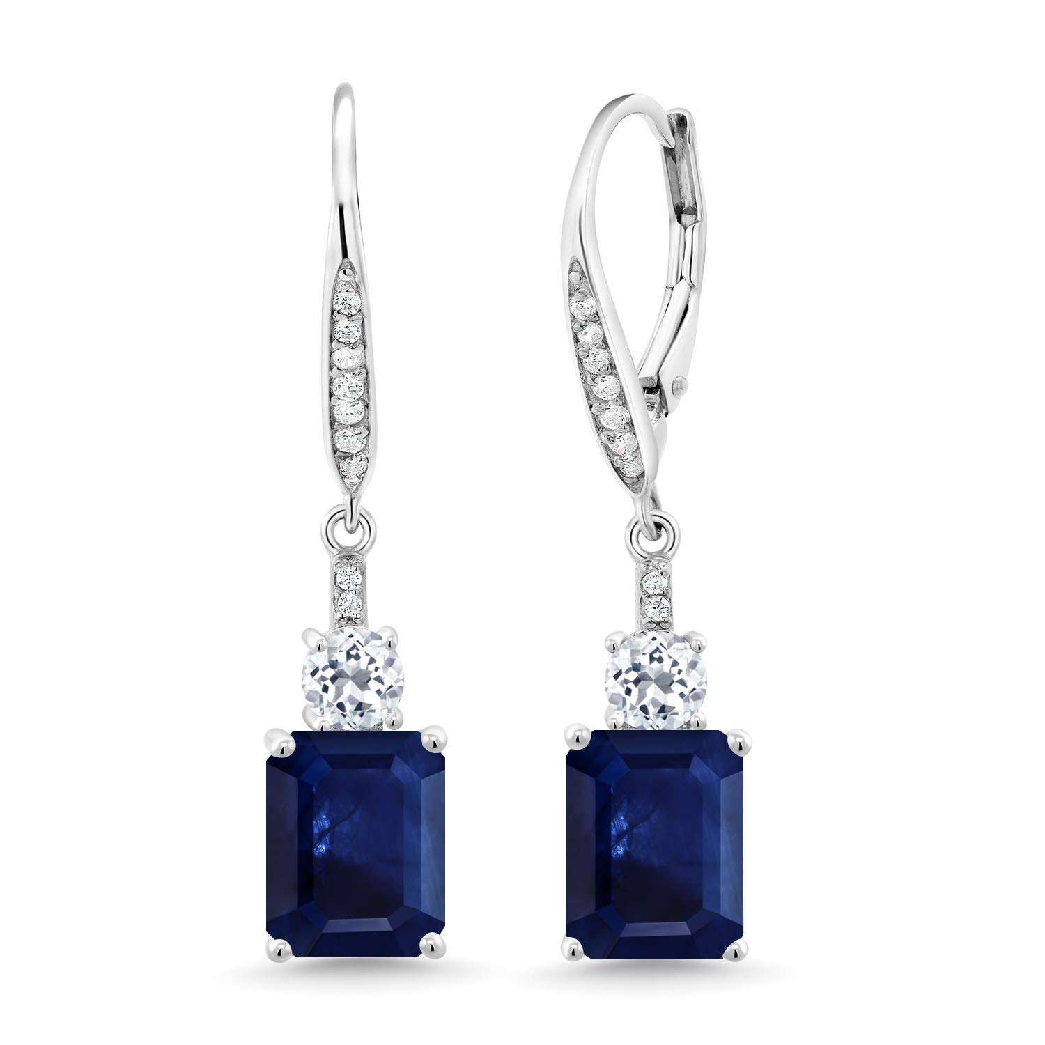 Gem Stone King Drop Dangle Gemstone Birthstone and White Topaz Earrings for Women 925 Sterling Silver Emerald Cut